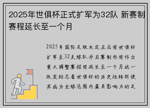 2025年世俱杯正式扩军为32队 新赛制赛程延长至一个月 2025年世俱杯正式扩军为32队 新赛制赛程延长至一个月