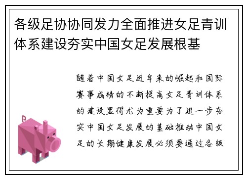 各级足协协同发力全面推进女足青训体系建设夯实中国女足发展根基 各级足协协同发力全面推进女足青训体系建设夯实中国女足发展根基